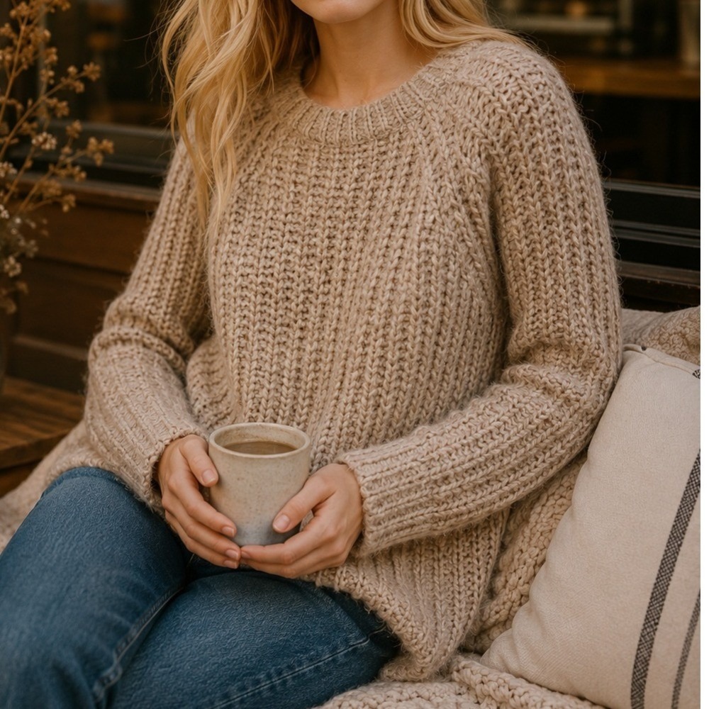 Chunky Knit Sweater Womens Beige Cozy Comfy Oversized Soft Neutral Pullover